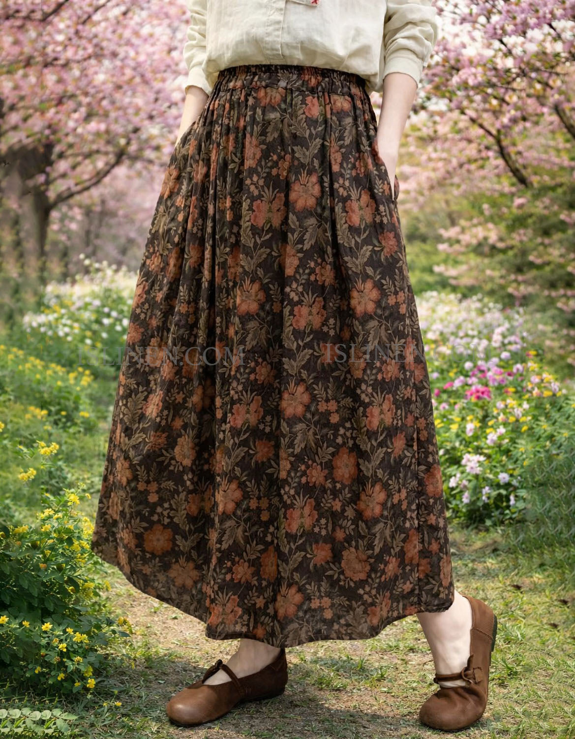 Women floral print long skirt casual elastic waist skirt