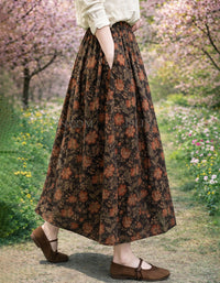 Floral print long skirt women side view with floral design