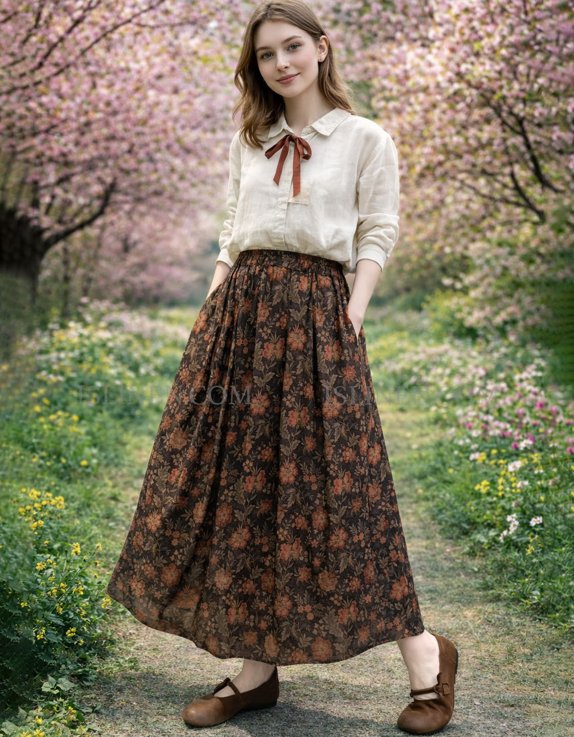 Full view of women floral print long skirt in outdoor setting