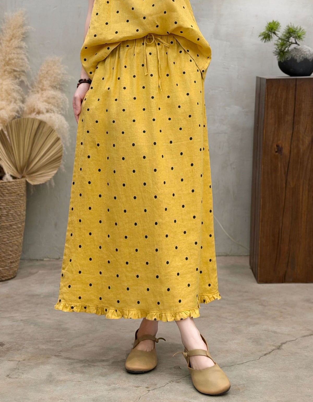 Yellow Polka Dot Maxi Skirt Women Elastic Waist Casual