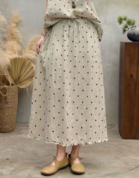 Beige Polka Dot Maxi Skirt Women Elastic Waist Casual
