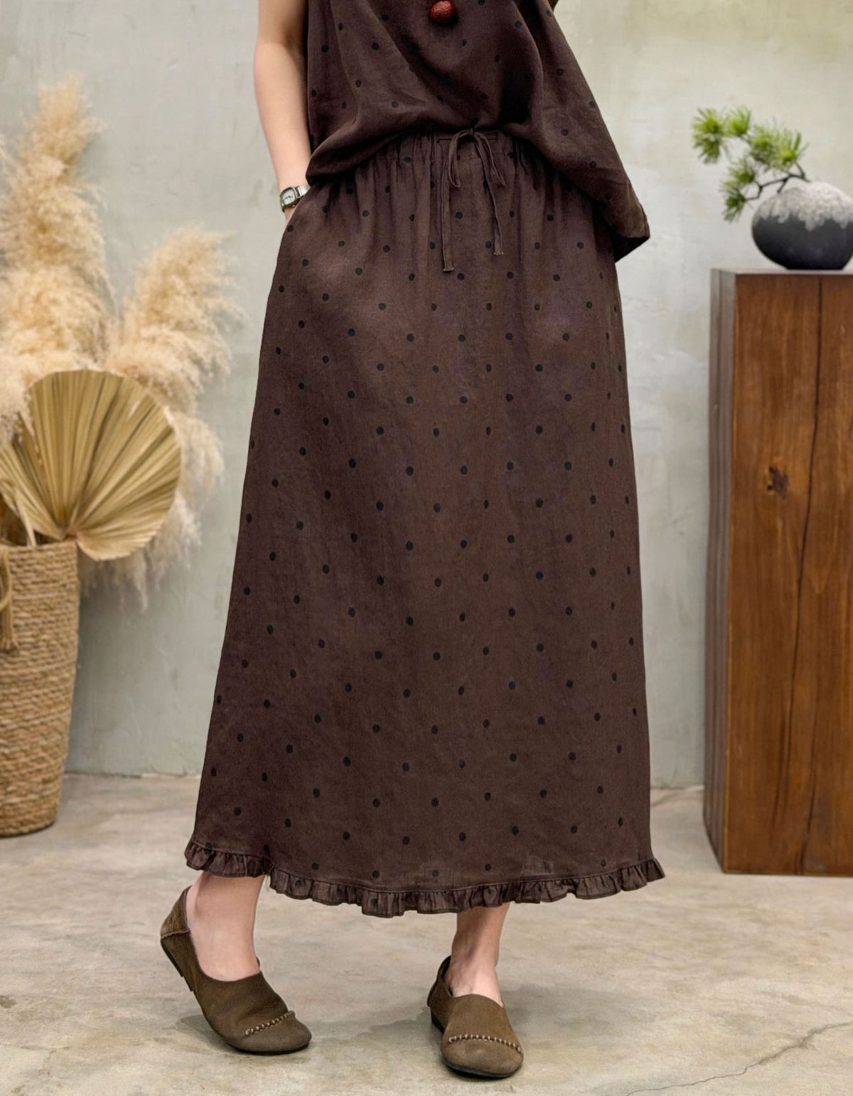 Women Coffee Polka Dot Skirt High Waist Loose Fit Maxi