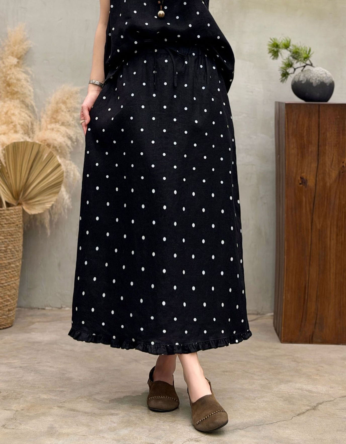 Casual Black Maxi Skirt Women Polka Dot Elastic Waist