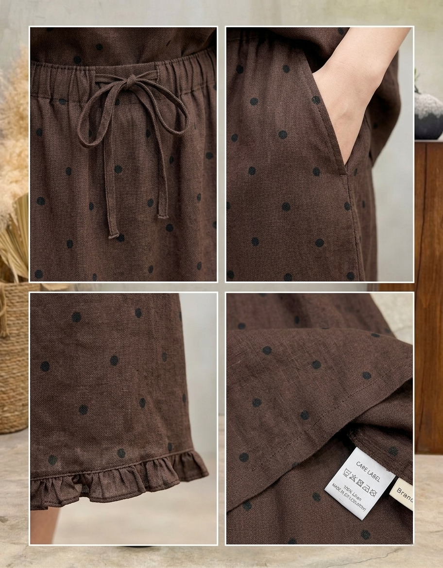 Details of Women High Waist Coffee Polka Dot Maxi Skirt Loose Fit