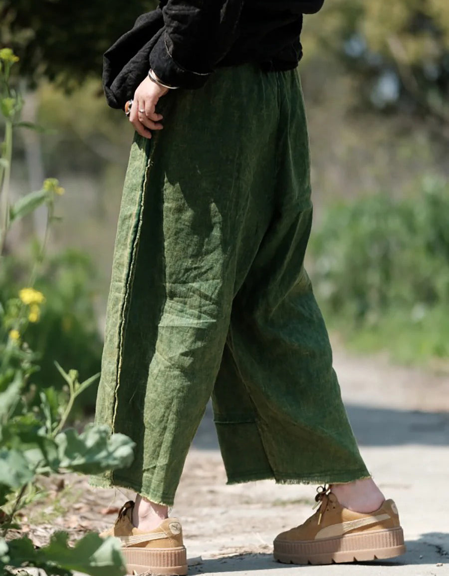Comfortable Casual Green Patchwork Linen Wide-Leg Pants