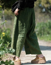 Comfortable Casual Green Patchwork Linen Wide-Leg Pants