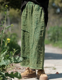 Comfortable Casual Green Patchwork Linen Wide-Leg Pants