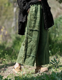 Comfortable Casual Green Patchwork Linen Wide-Leg Pants