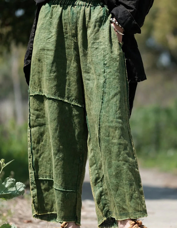 Comfortable Casual Green Patchwork Linen Wide-Leg Pants
