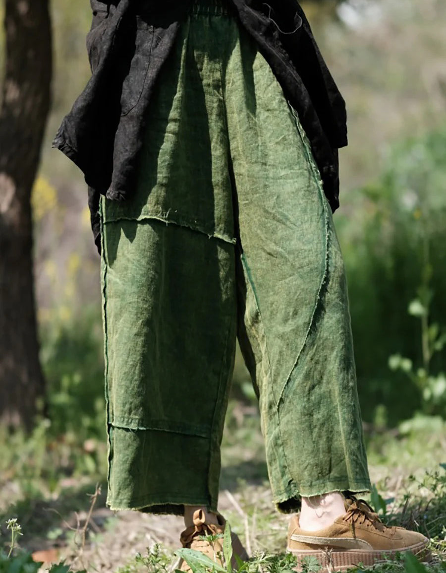 Comfortable Casual Green Patchwork Linen Wide-Leg Pants