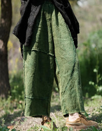 Comfortable Casual Green Patchwork Linen Wide-Leg Pants