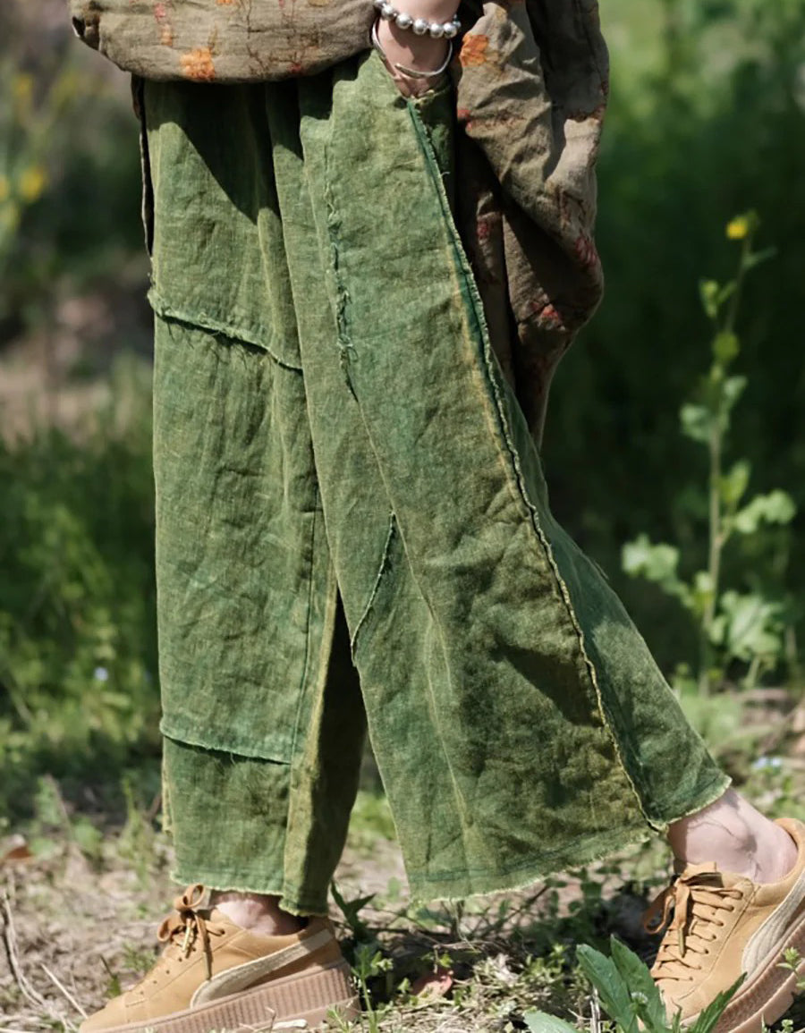 Comfortable Casual Green Patchwork Linen Wide-Leg Pants