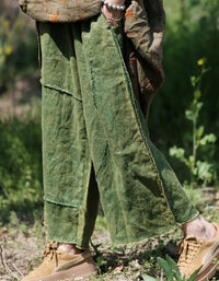 Comfortable Casual Green Patchwork Linen Wide-Leg Pants