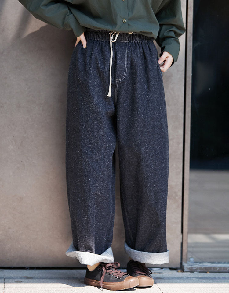 Women’s loose fit denim pants with drawstring waistband front view