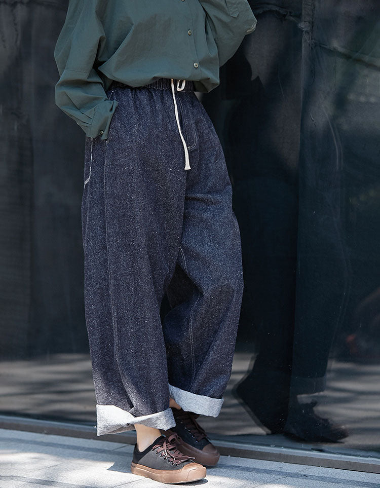 Casual denim pants women with cuffed hem and drawstring waist