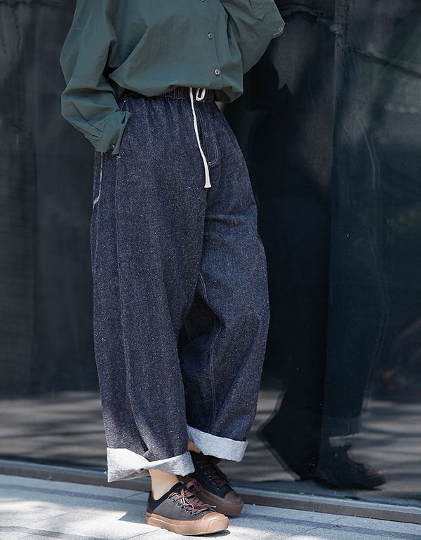 Casual denim pants women with cuffed hem and drawstring waist