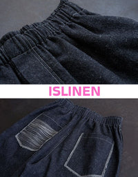 Casual denim pants women with cuffed hem and drawstring waist close-up