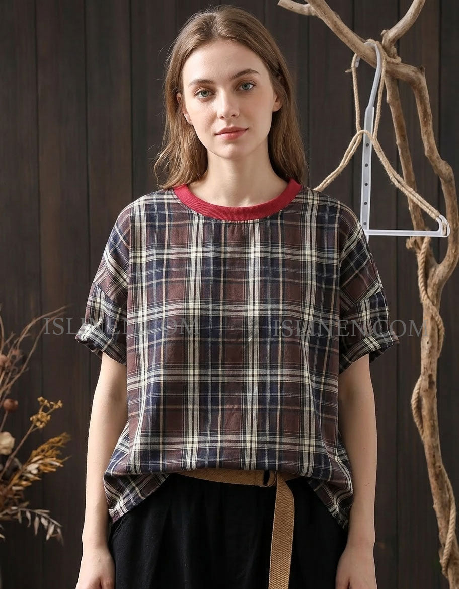 Front view of women’s plaid shirt with red collar