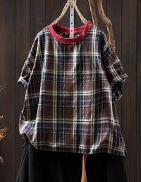 Oversized short sleeve checkered shirt for women
