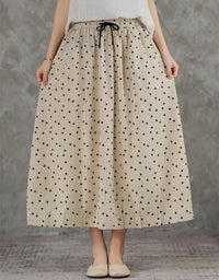 Comfortable Chic Polka Dot Cotton Linen Maxi Skirt