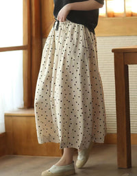 Comfortable Chic Polka Dot Cotton Linen Maxi Skirt