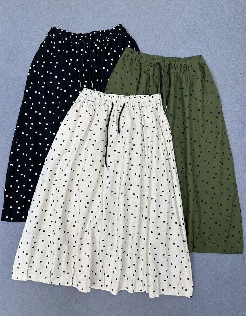 Comfortable Chic Polka Dot Cotton Linen Maxi Skirt