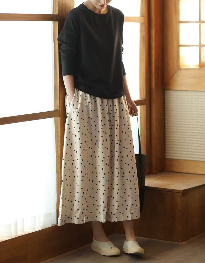 Comfortable Chic Polka Dot Cotton Linen Maxi Skirt