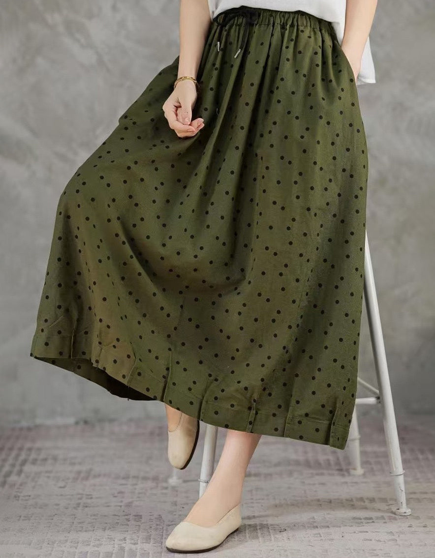 Comfortable Chic Polka Dot Cotton Linen Maxi Skirt