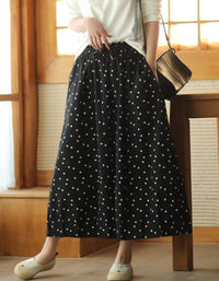 Comfortable Chic Polka Dot Cotton Linen Maxi Skirt