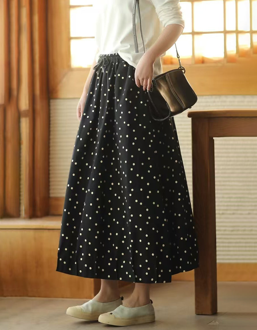 Comfortable Chic Polka Dot Cotton Linen Maxi Skirt