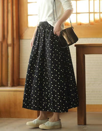 Comfortable Chic Polka Dot Cotton Linen Maxi Skirt