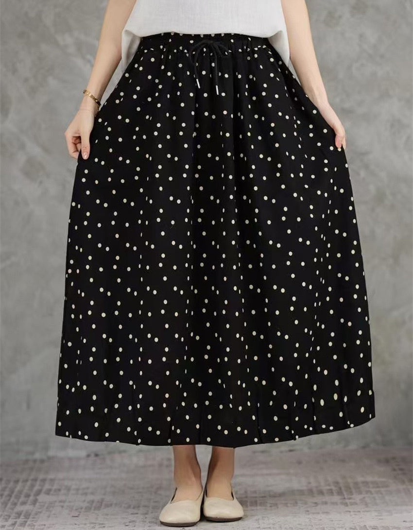 Comfortable Chic Polka Dot Cotton Linen Maxi Skirt