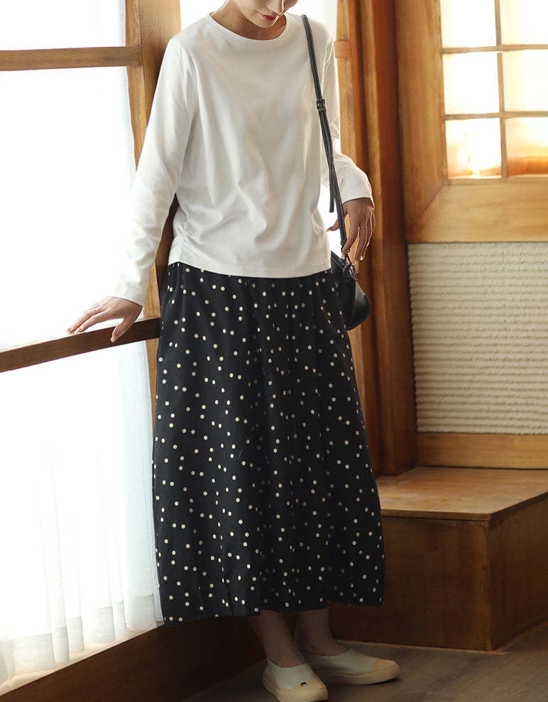 Comfortable Chic Polka Dot Cotton Linen Maxi Skirt