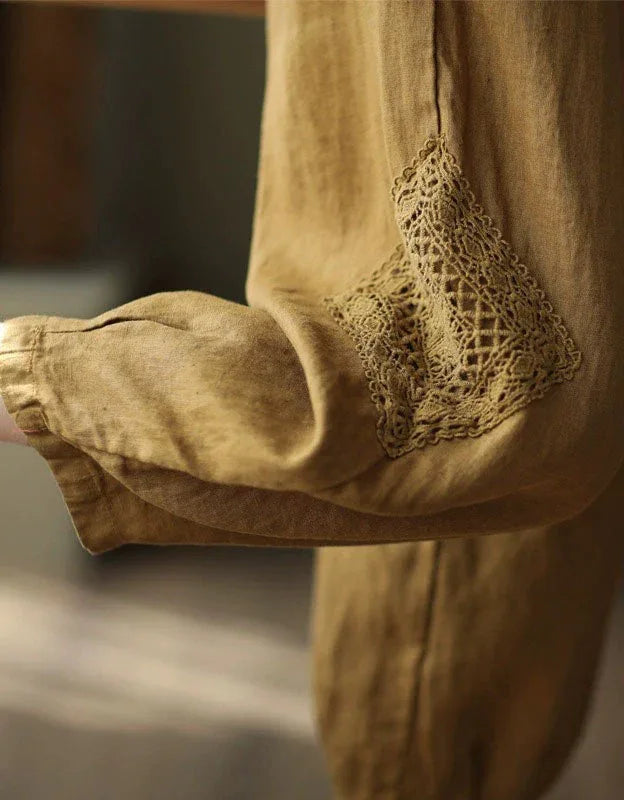 Comfortable Crochet Patch Casual Linen Trousers - Islinen