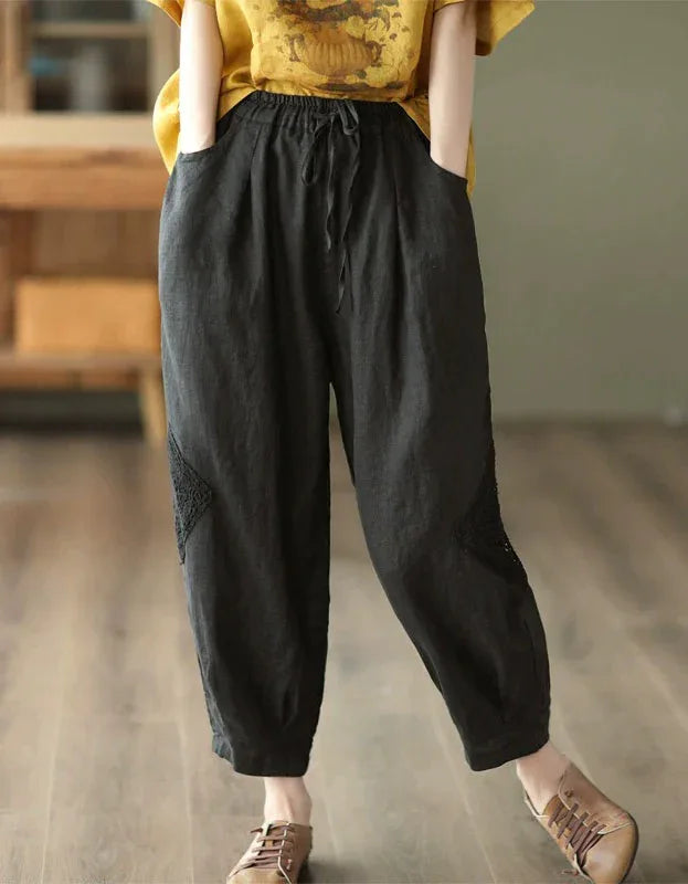 Comfortable Crochet Patch Casual Linen Trousers - Islinen