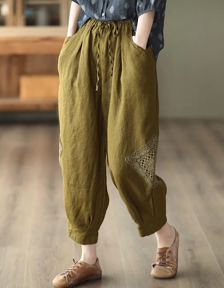 Comfortable Crochet Patch Casual Linen Trousers - Islinen