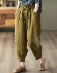 Comfortable Crochet Patch Casual Linen Trousers - Islinen