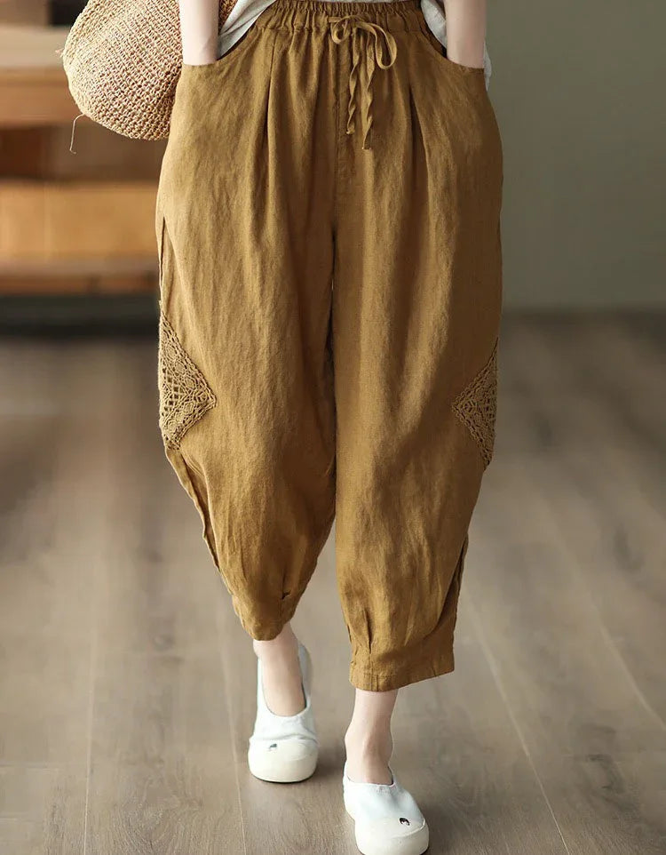 Comfortable Crochet Patch Casual Linen Trousers - Islinen