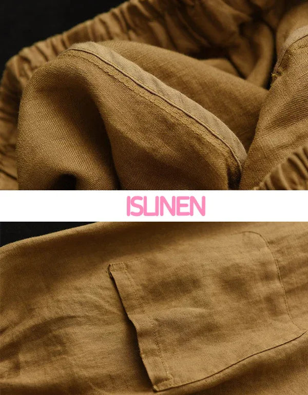 Comfortable Crochet Patch Casual Linen Trousers - Islinen