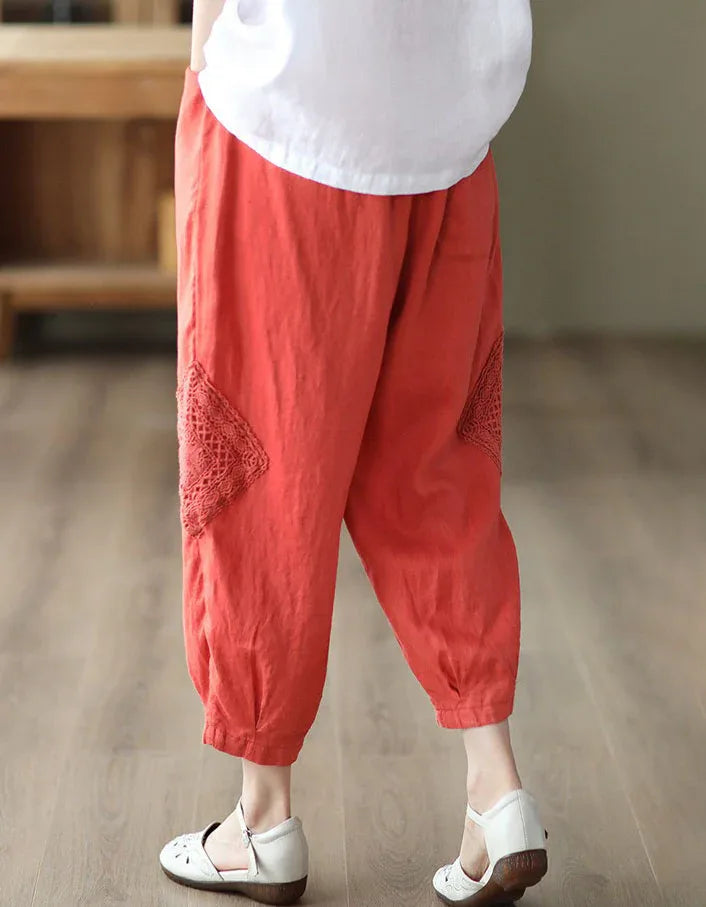 Comfortable Crochet Patch Casual Linen Trousers - Islinen