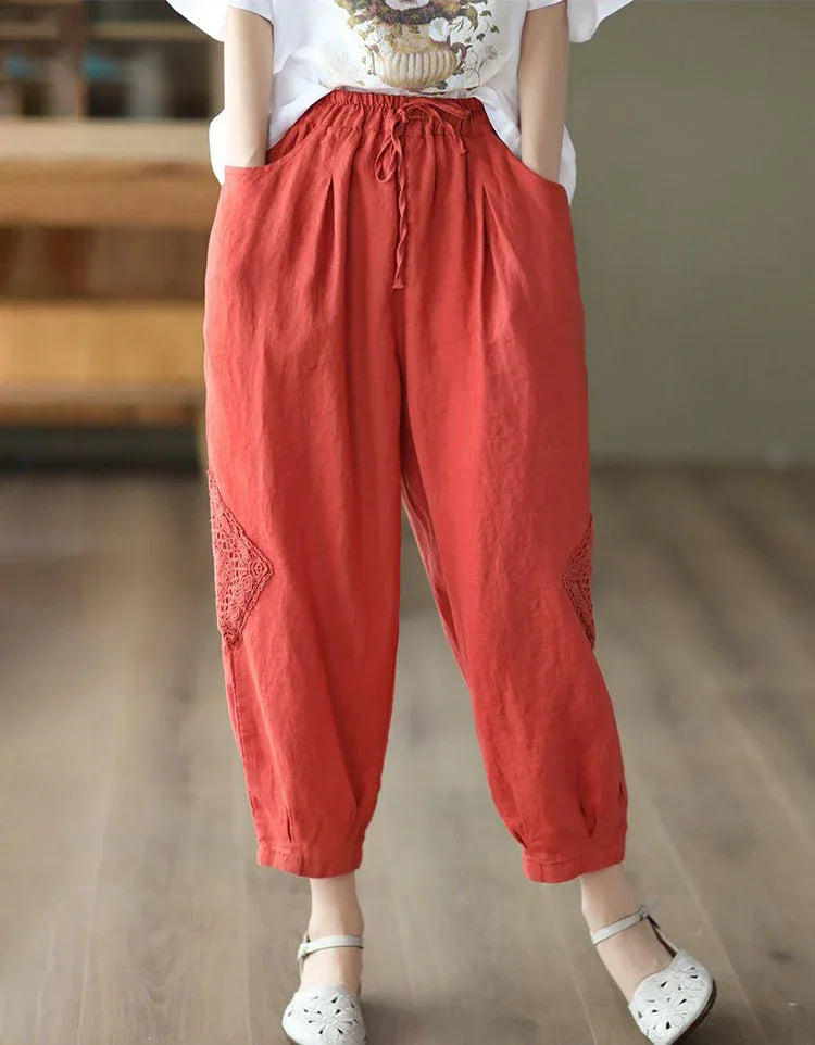 Comfortable Crochet Patch Casual Linen Trousers - Islinen