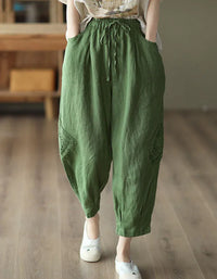 Comfortable Crochet Patch Casual Linen Trousers - Islinen
