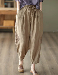 Comfortable Crochet Patch Casual Linen Trousers - Islinen