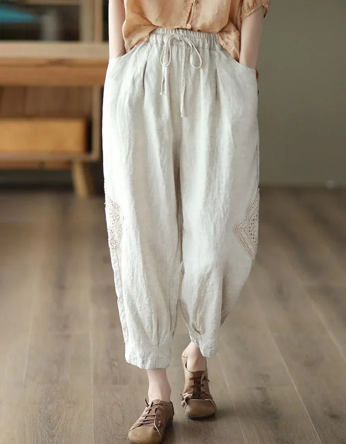 Comfortable Crochet Patch Casual Linen Trousers - Islinen