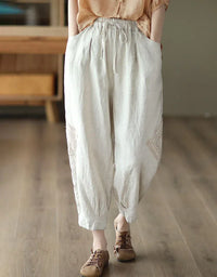 Comfortable Crochet Patch Casual Linen Trousers - Islinen