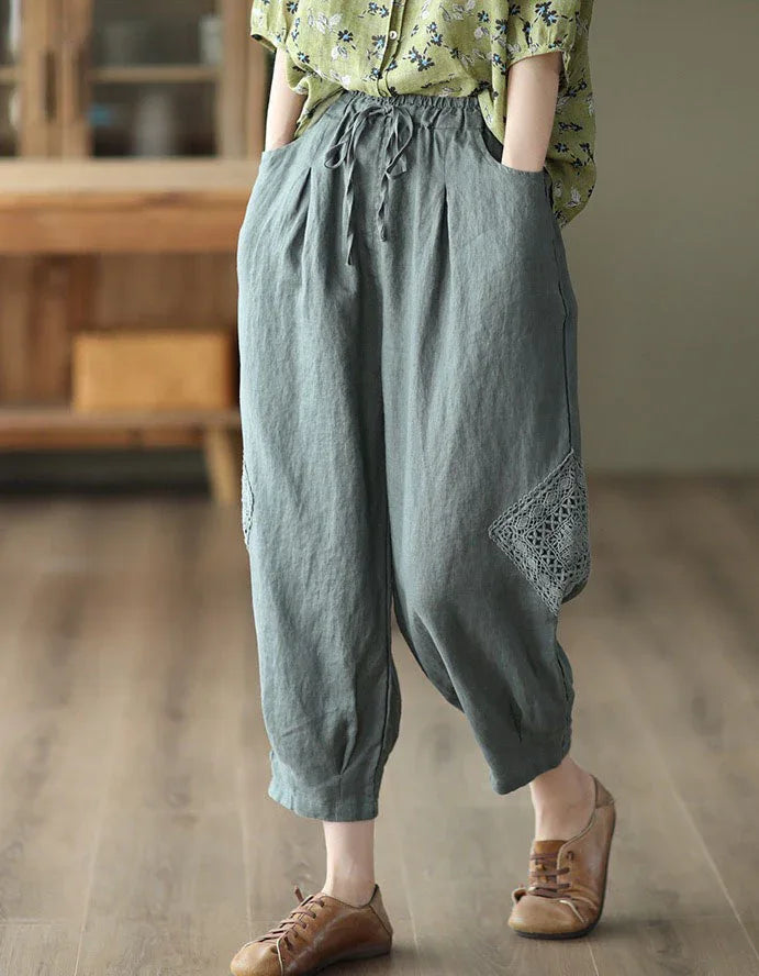 Comfortable Crochet Patch Casual Linen Trousers - Islinen