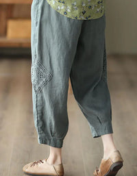 Comfortable Crochet Patch Casual Linen Trousers - Islinen