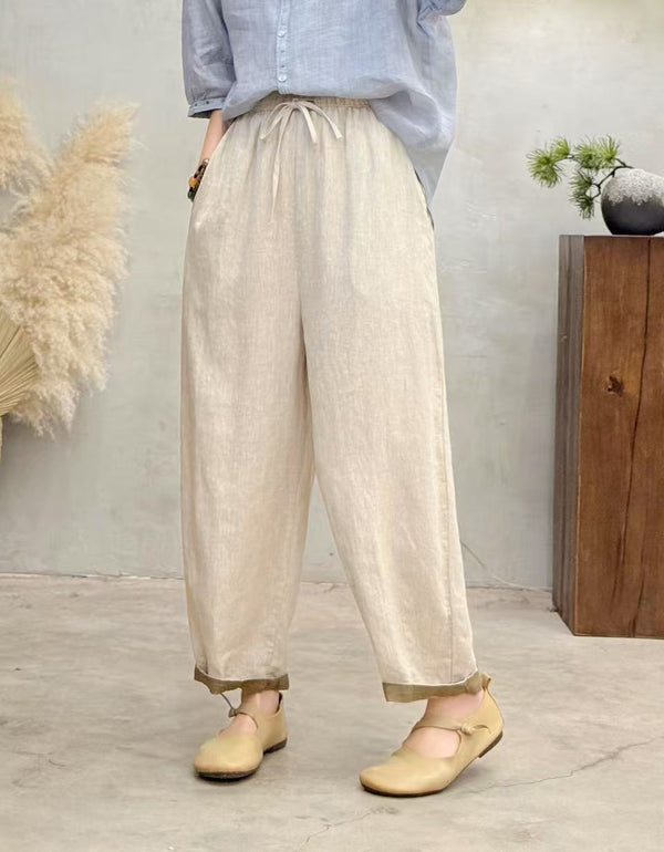 Comfortable Effortless Style Natural Linen Wide-Leg Pants
