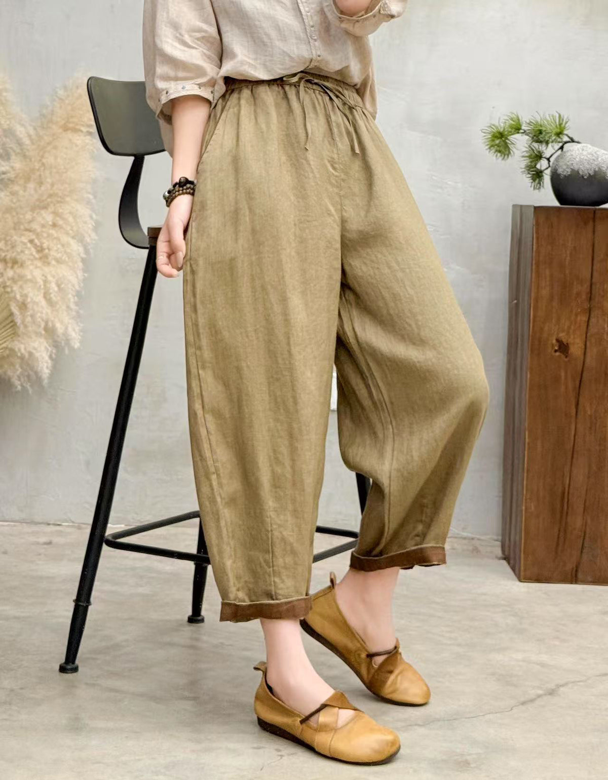 Comfortable Effortless Style Natural Linen Wide-Leg Pants