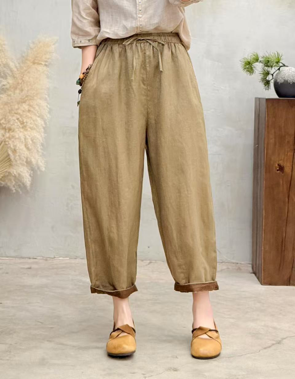 Comfortable Effortless Style Natural Linen Wide-Leg Pants